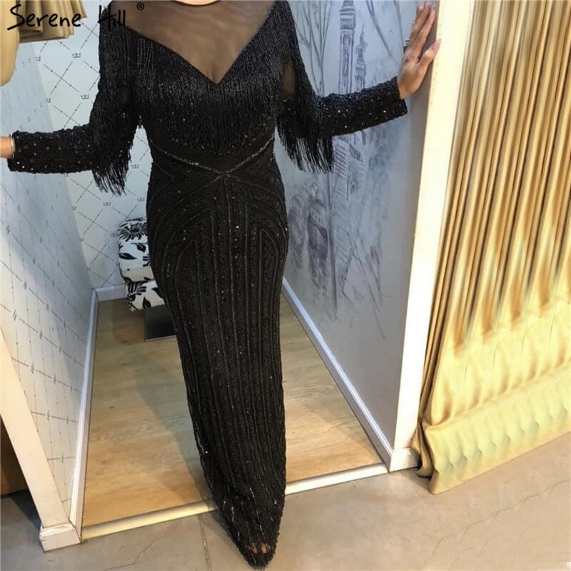 On Sale No Return No Refund Black Luxury Sexy Evening Dresses 2025 Slim Mermaid Tassel Beading Long Sleeves Evening Gowns For Woman LA60716 - SERENE HILL