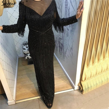 On Sale No Return No Refund Black Luxury Sexy Evening Dresses 2025 Slim Mermaid Tassel Beading Long Sleeves Evening Gowns For Woman LA60716 - SERENE HILL