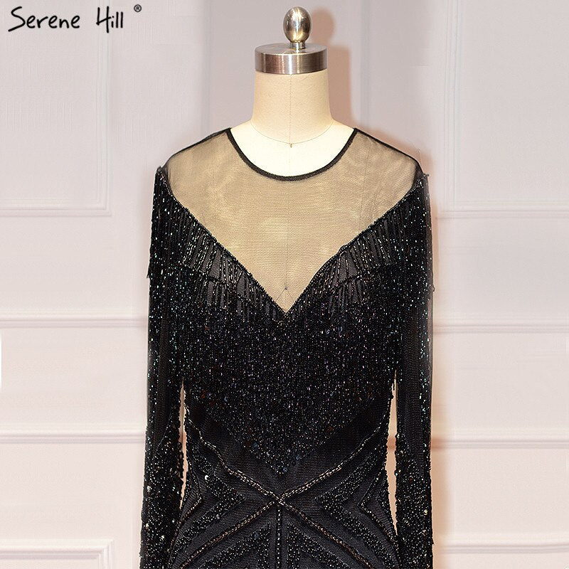On Sale No Return No Refund Black Luxury Sexy Evening Dresses 2025 Slim Mermaid Tassel Beading Long Sleeves Evening Gowns For Woman LA60716 - SERENE HILL