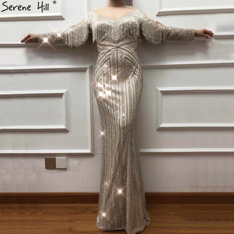 On Sale No Return No Refund Black Luxury Sexy Evening Dresses 2025 Slim Mermaid Tassel Beading Long Sleeves Evening Gowns For Woman LA60716 - SERENE HILL
