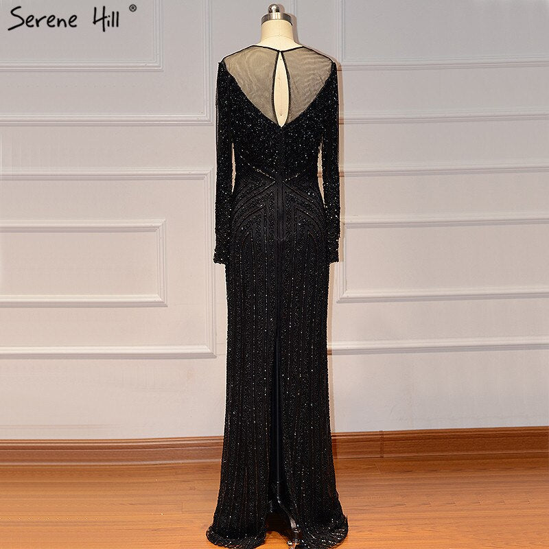 On Sale No Return No Refund Black Luxury Sexy Evening Dresses 2025 Slim Mermaid Tassel Beading Long Sleeves Evening Gowns For Woman LA60716 - SERENE HILL