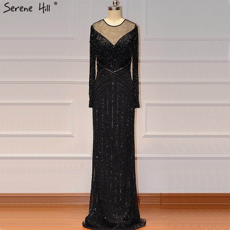 On Sale No Return No Refund Black Luxury Sexy Evening Dresses 2025 Slim Mermaid Tassel Beading Long Sleeves Evening Gowns For Woman LA60716 - SERENE HILL