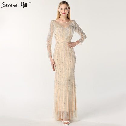 On Sale No Return No Refund Black Luxury Sexy Evening Dresses 2025 Slim Mermaid Tassel Beading Long Sleeves Evening Gowns For Woman LA60716 - SERENE HILL