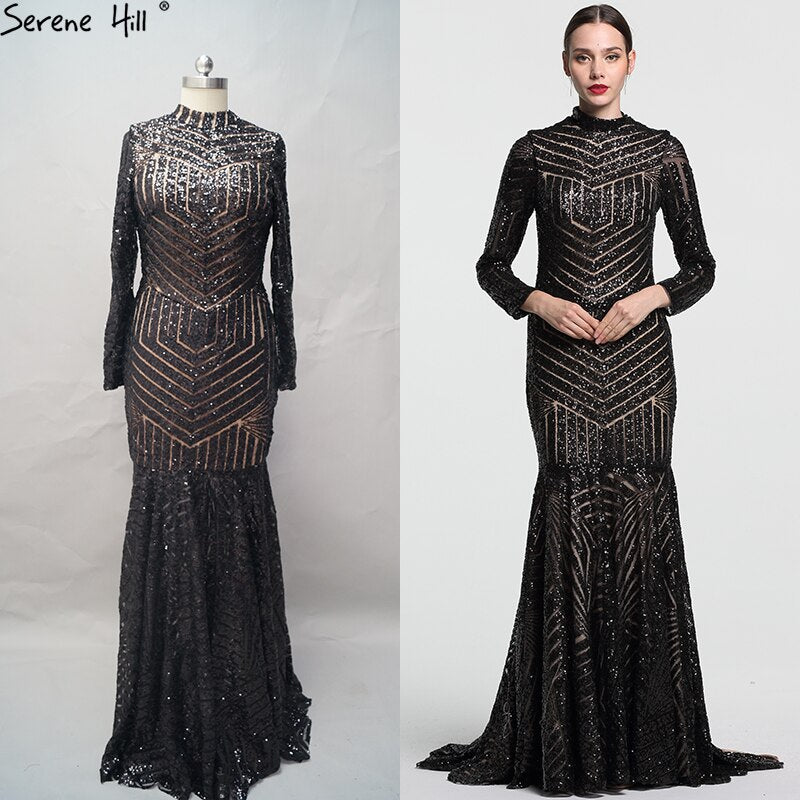 Sale Black Mermaid High Neck Luxury Evening Dresses Sequined Long Sleeves Formal Evening Gowns 2025 Serene Hill LA6090 - SERENE HILL