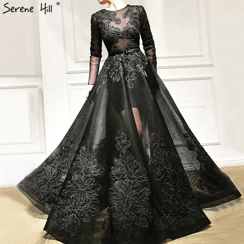 Luxury Black Flowers Evening Dresses With Long Sleeve LA60837 On Sale - SERENE HILL