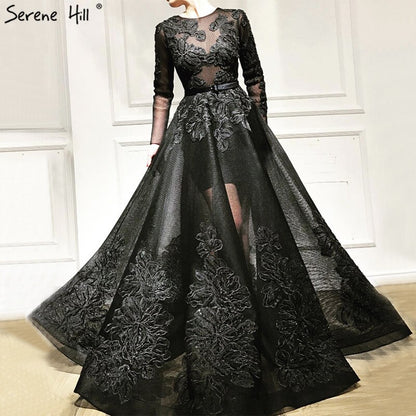Luxury Black Flowers Evening Dresses With Long Sleeve LA60837 On Sale - SERENE HILL