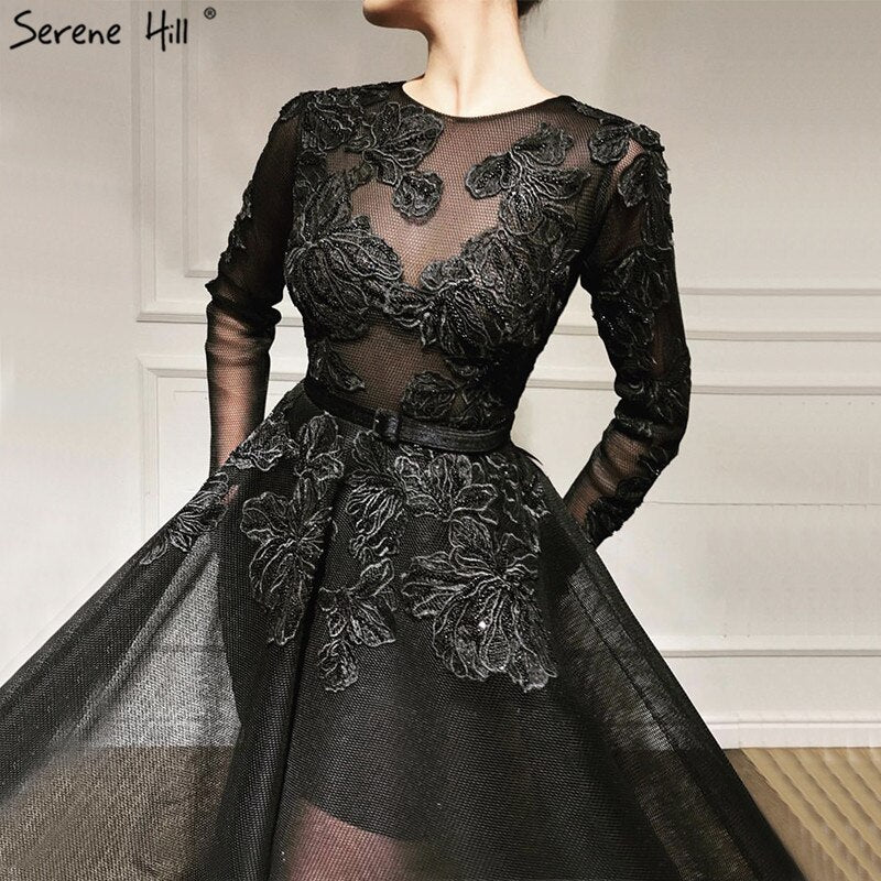 Luxury Black Flowers Evening Dresses With Long Sleeve LA60837 On Sale - SERENE HILL