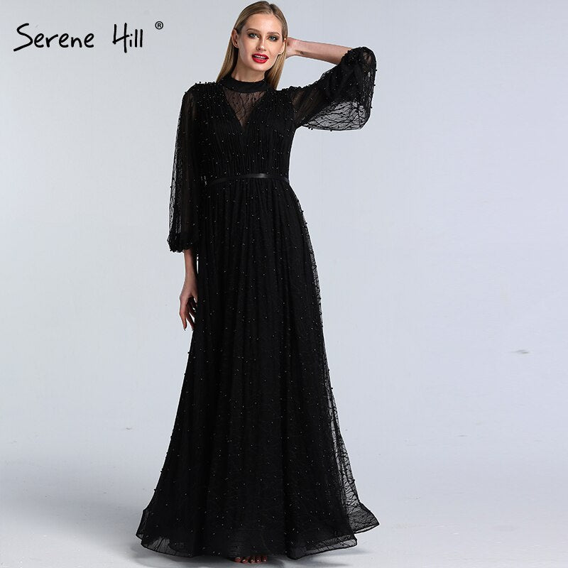 Black Peach Pearls A-Line Evening Dresses 2025 Latest Design Long Sleeves Sexy Evening Gowns Serene Hill Plus Size LA60835 - SERENE HILL