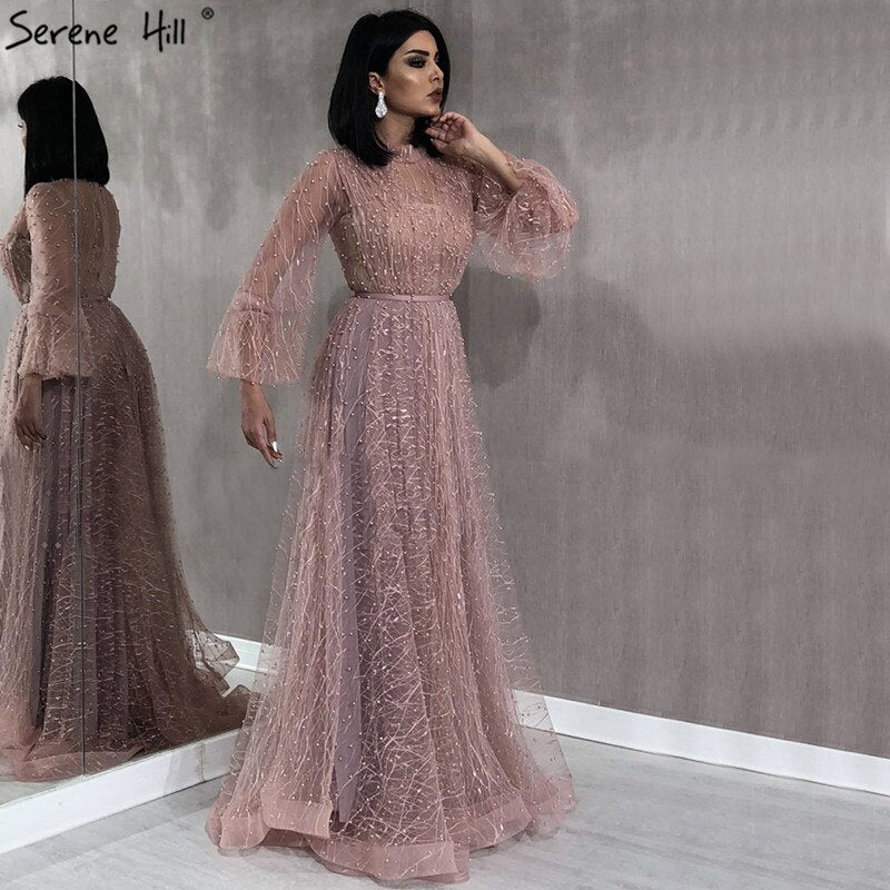 Black Peach Pearls A-Line Evening Dresses 2025 Latest Design Long Sleeves Sexy Evening Gowns Serene Hill Plus Size LA60835 - SERENE HILL