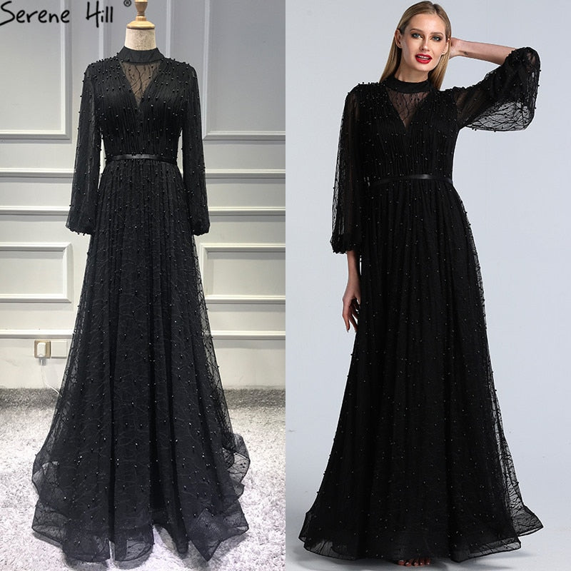Black Peach Pearls A-Line Evening Dresses 2025 Latest Design Long Sleeves Sexy Evening Gowns Serene Hill Plus Size LA60835 - SERENE HILL