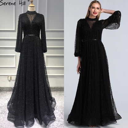 Black Peach Pearls A-Line Evening Dresses 2025 Latest Design Long Sleeves Sexy Evening Gowns Serene Hill Plus Size LA60835 - SERENE HILL