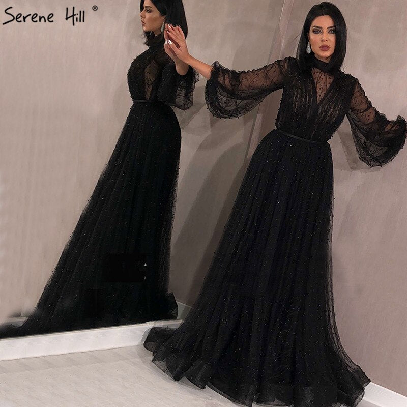 Black Peach Pearls A-Line Evening Dresses 2025 Latest Design Long Sleeves Sexy Evening Gowns Serene Hill Plus Size LA60835 - SERENE HILL