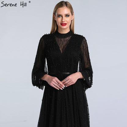 Black Peach Pearls A-Line Evening Dresses 2025 Latest Design Long Sleeves Sexy Evening Gowns Serene Hill Plus Size LA60835 - SERENE HILL