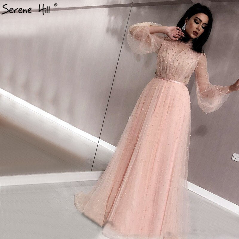 Black Peach Pearls A-Line Evening Dresses 2025 Latest Design Long Sleeves Sexy Evening Gowns Serene Hill Plus Size LA60835 - SERENE HILL