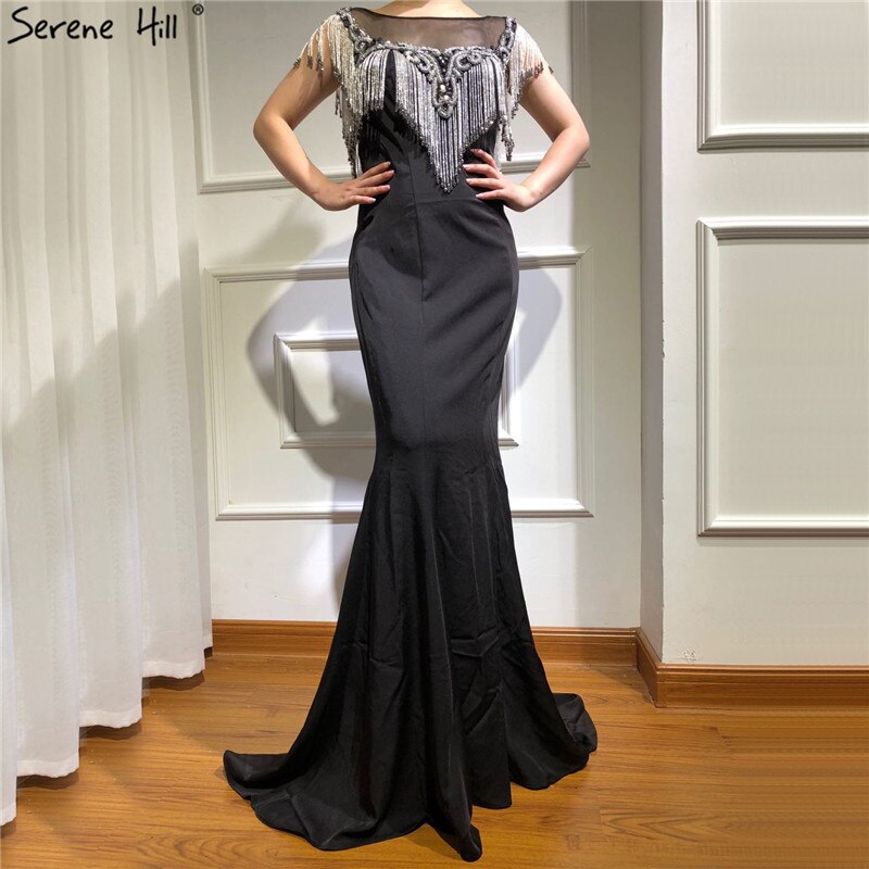 On Sale no return no refundSale Black Sleeveless Mermaid Evening Dresses 2025 Beading Tassel Sexy Elegant Formal Dress Serene Hill LA70078 - SERENE HILL