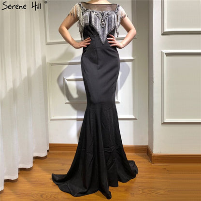 On Sale no return no refundSale Black Sleeveless Mermaid Evening Dresses 2025 Beading Tassel Sexy Elegant Formal Dress Serene Hill LA70078 - SERENE HILL