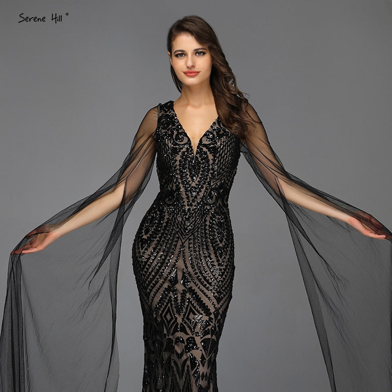 Black V-Neck Sequined Sexy Evening Dressese Mermaid Sleeveless Sparkle Evening Gowns Design 2025 Serene Hill LA70117 - SERENE HILL
