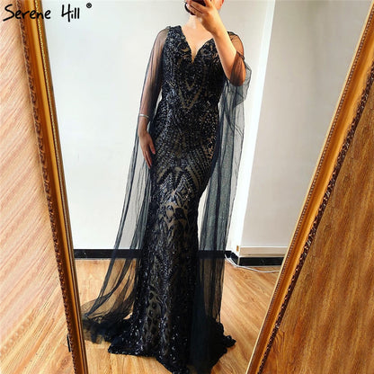 Black V-Neck Sequined Sexy Evening Dressese Mermaid Sleeveless Sparkle Evening Gowns Design 2025 Serene Hill LA70117 - SERENE HILL