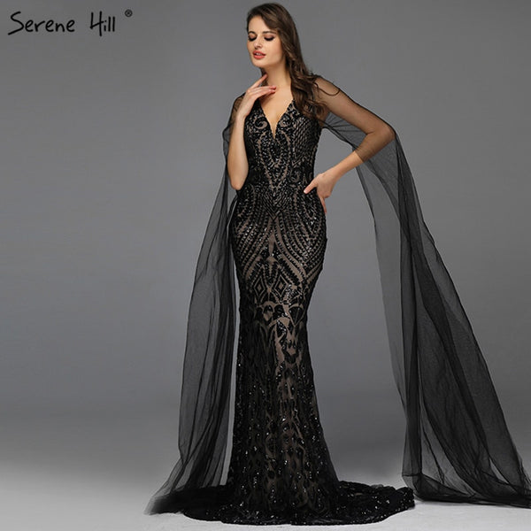 Black V-Neck Sequined Sexy Evening Dressese Mermaid Sleeveless Sparkle Evening Gowns Design 2025 Serene Hill LA70117