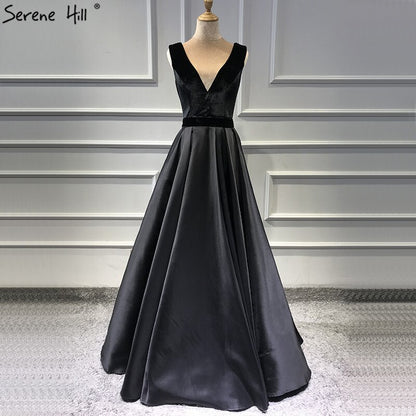 On Sale No Return No Refund Sale Black Velour Sleeveless A-Line Sexy Evening Dresses 2025 Real Photo Deep-V Simple Formal Dress Serene Hill LA60951 - SERENE HILL
