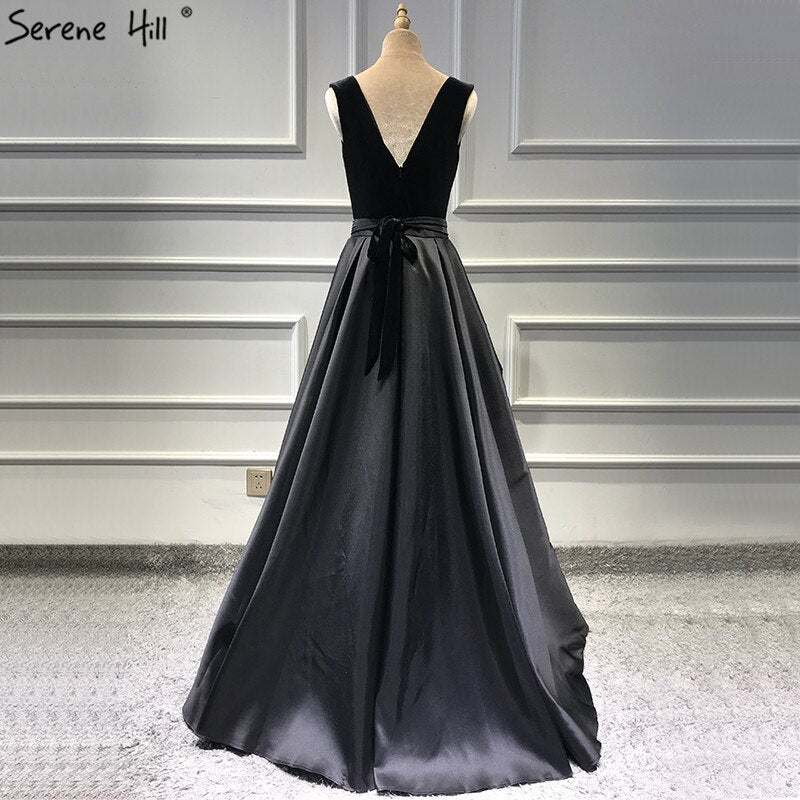 On Sale No Return No Refund Sale Black Velour Sleeveless A-Line Sexy Evening Dresses 2025 Real Photo Deep-V Simple Formal Dress Serene Hill LA60951 - SERENE HILL