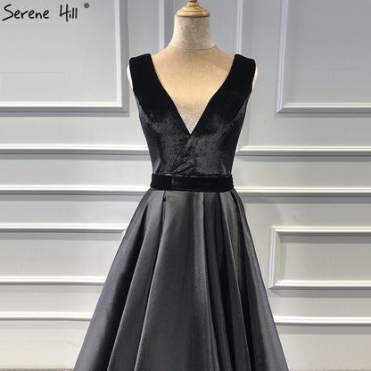 On Sale No Return No Refund Sale Black Velour Sleeveless A-Line Sexy Evening Dresses 2025 Real Photo Deep-V Simple Formal Dress Serene Hill LA60951 - SERENE HILL