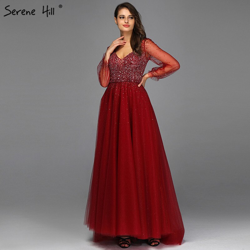 Blau Langen Ärmeln A-Line Abend Dressese Design 2025 V-ausschnitt Perlen Kristall Abendkleider Lange Ruhigen Hill LA70143 - SERENE HILL