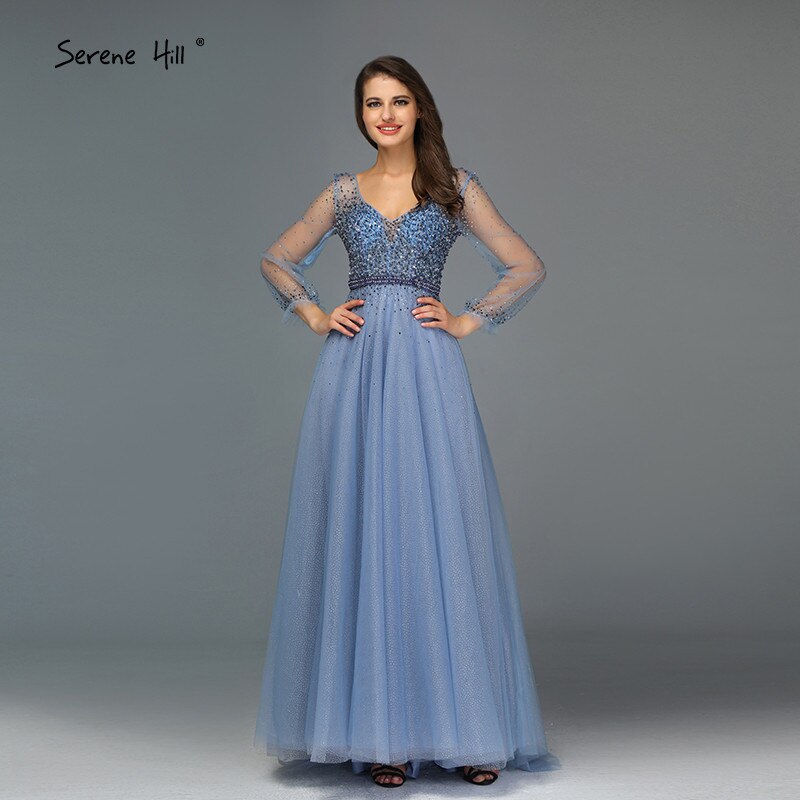 Blau Langen Ärmeln A-Line Abend Dressese Design 2025 V-ausschnitt Perlen Kristall Abendkleider Lange Ruhigen Hill LA70143 - SERENE HILL
