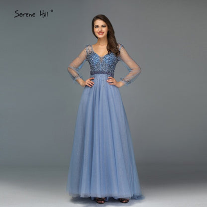 Blau Langen Ärmeln A-Line Abend Dressese Design 2025 V-ausschnitt Perlen Kristall Abendkleider Lange Ruhigen Hill LA70143 - SERENE HILL