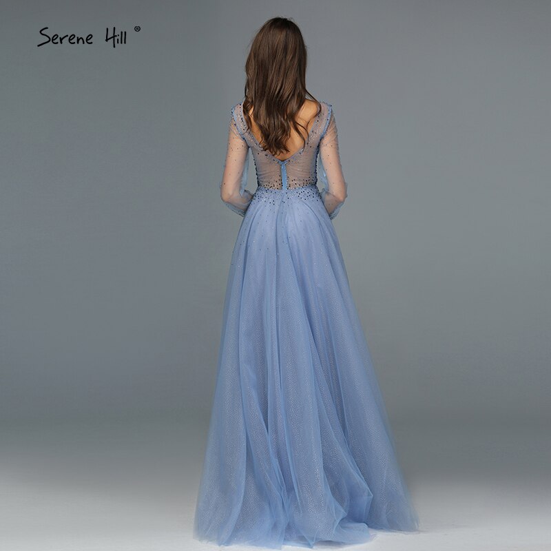 Blau Langen Ärmeln A-Line Abend Dressese Design 2025 V-ausschnitt Perlen Kristall Abendkleider Lange Ruhigen Hill LA70143 - SERENE HILL