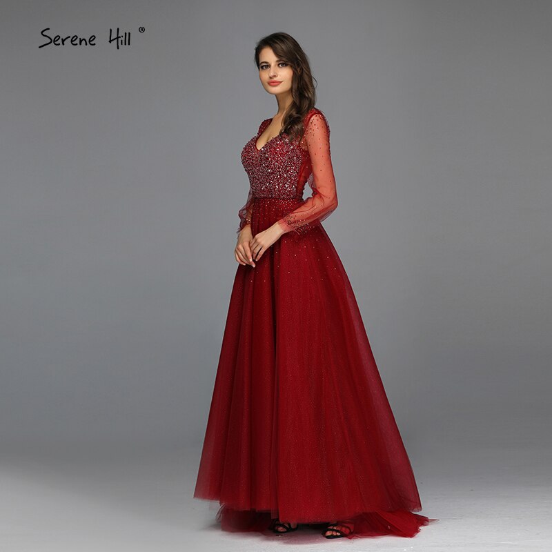 Blau Langen Ärmeln A-Line Abend Dressese Design 2025 V-ausschnitt Perlen Kristall Abendkleider Lange Ruhigen Hill LA70143 - SERENE HILL