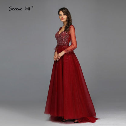 Blau Langen Ärmeln A-Line Abend Dressese Design 2025 V-ausschnitt Perlen Kristall Abendkleider Lange Ruhigen Hill LA70143 - SERENE HILL