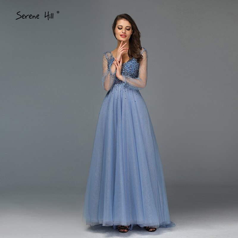 Blau Langen Ärmeln A-Line Abend Dressese Design 2025 V-ausschnitt Perlen Kristall Abendkleider Lange Ruhigen Hill LA70143 - SERENE HILL