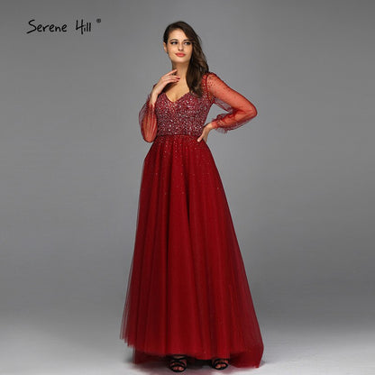 Blau Langen Ärmeln A-Line Abend Dressese Design 2025 V-ausschnitt Perlen Kristall Abendkleider Lange Ruhigen Hill LA70143 - SERENE HILL