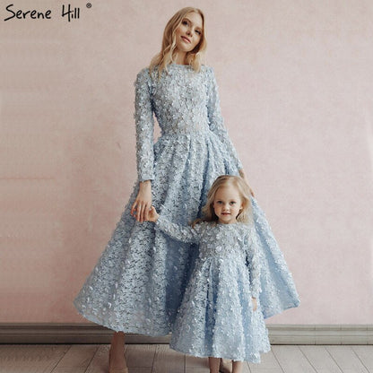 Sale Blue Flowers Evening Dresses 2025 Muslim Long Sleeves Ankle length Midi Dresses Evening Gowns Serene Hill LA60905 - SERENE HILL
