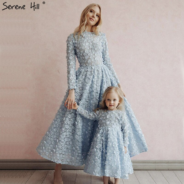 Sale Blue Flowers Evening Dresses 2025 Muslim Long Sleeves Ankle length Midi Dresses  Evening Gowns Serene Hill LA60905