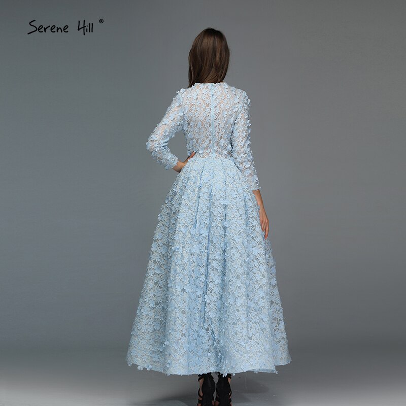 Sale Blue Flowers Evening Dresses 2025 Muslim Long Sleeves Ankle length Midi Dresses Evening Gowns Serene Hill LA60905 - SERENE HILL