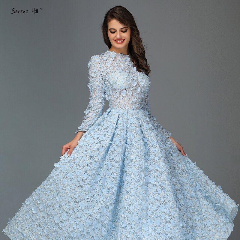 Sale Blue Flowers Evening Dresses 2025 Muslim Long Sleeves Ankle length Midi Dresses Evening Gowns Serene Hill LA60905 - SERENE HILL