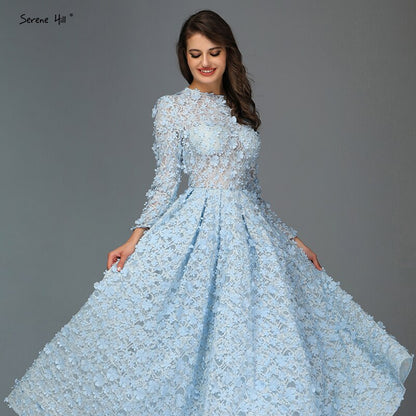 Sale Blue Flowers Evening Dresses 2025 Muslim Long Sleeves Ankle length Midi Dresses Evening Gowns Serene Hill LA60905 - SERENE HILL