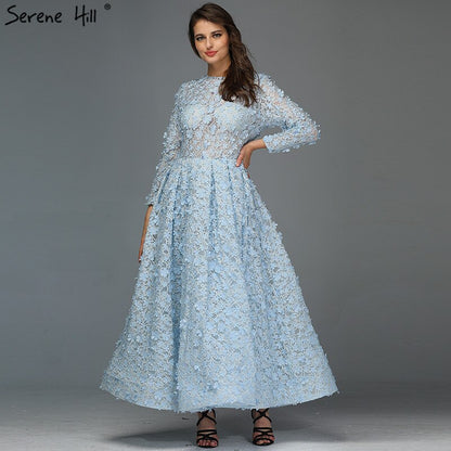 Sale Blue Flowers Evening Dresses 2025 Muslim Long Sleeves Ankle length Midi Dresses Evening Gowns Serene Hill LA60905 - SERENE HILL