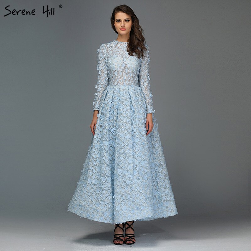 Sale Blue Flowers Evening Dresses 2025 Muslim Long Sleeves Ankle length Midi Dresses Evening Gowns Serene Hill LA60905 - SERENE HILL