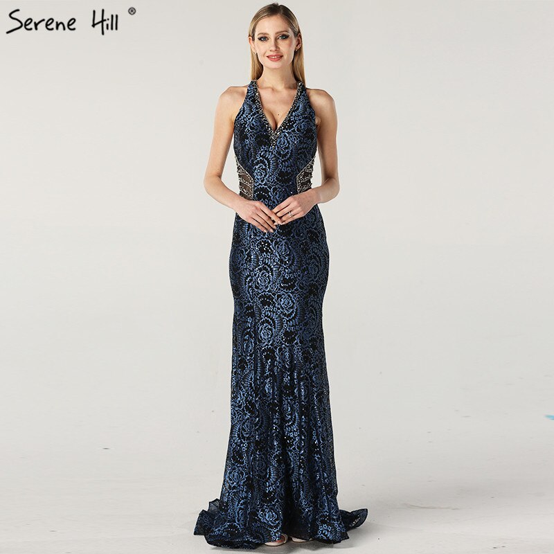 On Sale no return no refundSale Blue Halter Sleeveless Dubai Design Evening Dresses Real Photo Beading Lace Sexy Evening Gowns 2025 Serene Hill LA60818 - SERENE HILL