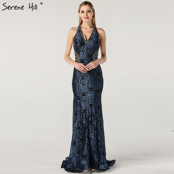 On Sale no return no refundSale Blue Halter Sleeveless Dubai Design Evening Dresses Real Photo Beading Lace Sexy Evening Gowns 2025 Serene Hill LA60818