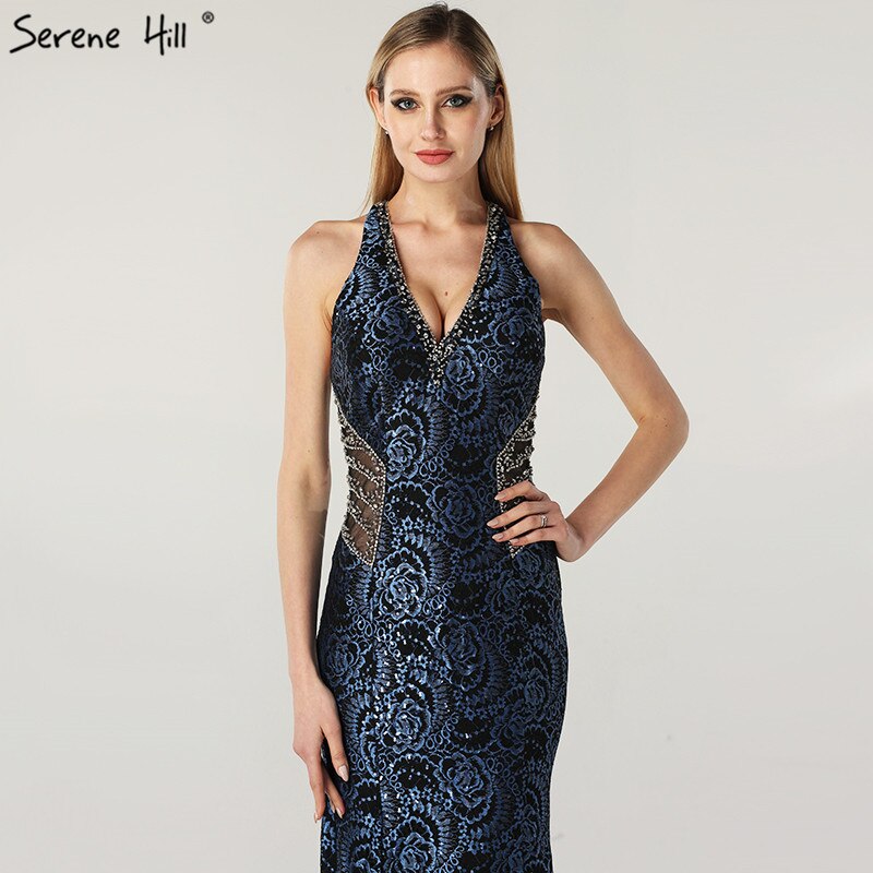 On Sale no return no refundSale Blue Halter Sleeveless Dubai Design Evening Dresses Real Photo Beading Lace Sexy Evening Gowns 2025 Serene Hill LA60818 - SERENE HILL