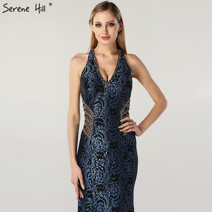 On Sale no return no refundSale Blue Halter Sleeveless Dubai Design Evening Dresses Real Photo Beading Lace Sexy Evening Gowns 2025 Serene Hill LA60818 - SERENE HILL