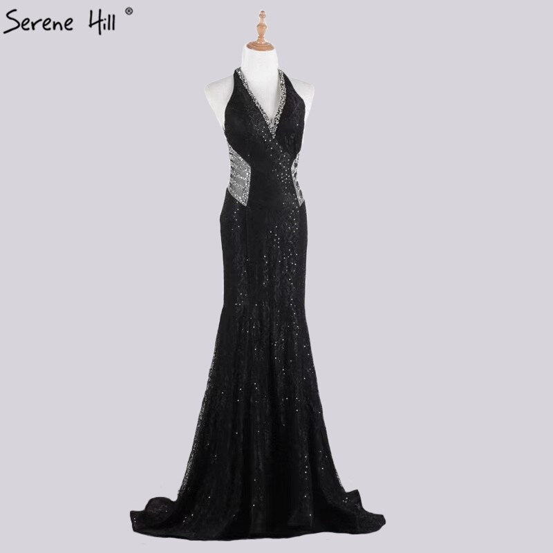 On Sale no return no refundSale Blue Halter Sleeveless Dubai Design Evening Dresses Real Photo Beading Lace Sexy Evening Gowns 2025 Serene Hill LA60818 - SERENE HILL