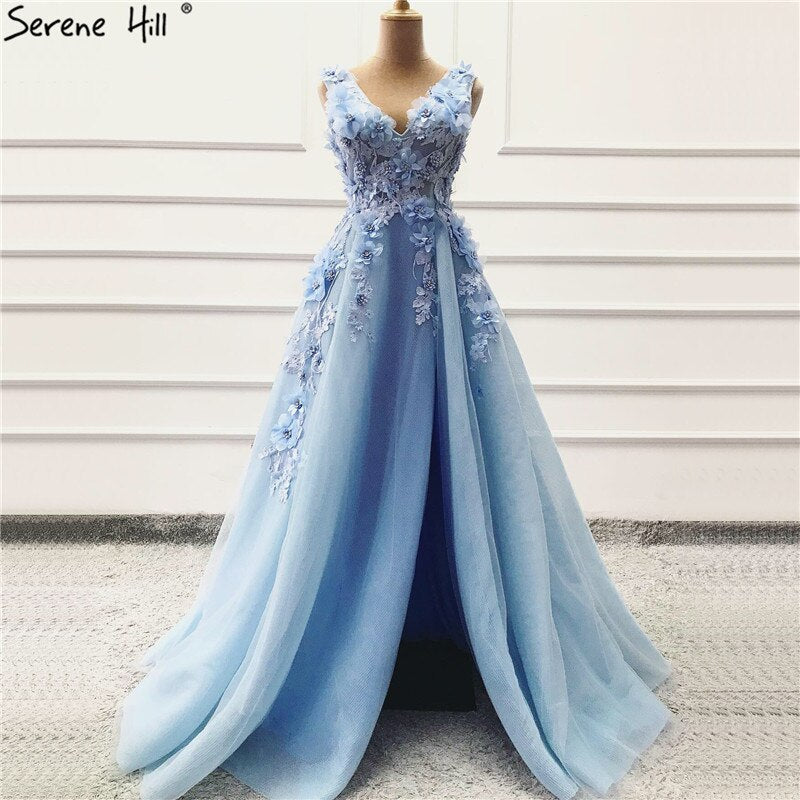 On Sale no return no refund Sale Blue Handmade Flowers Diamonds V-Neck Evening Dresses Sleeveless Sexy A-Line Formal Dress 2025 Serene Hill LA60867 - SERENE HILL
