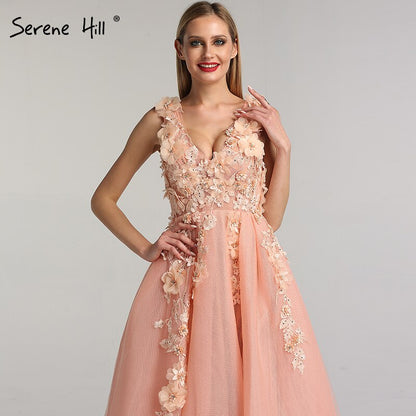 On Sale no return no refund Sale Blue Handmade Flowers Diamonds V-Neck Evening Dresses Sleeveless Sexy A-Line Formal Dress 2025 Serene Hill LA60867 - SERENE HILL