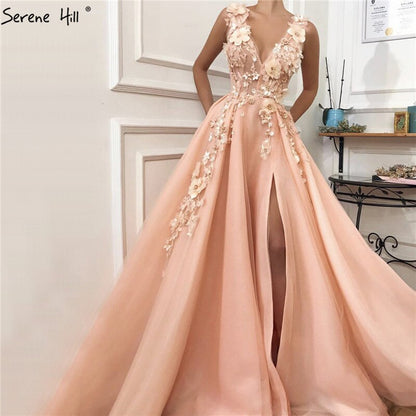 On Sale no return no refund Sale Blue Handmade Flowers Diamonds V-Neck Evening Dresses Sleeveless Sexy A-Line Formal Dress 2025 Serene Hill LA60867 - SERENE HILL