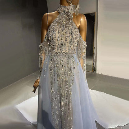 Blue Luxury Halter Cape Evening Dresses Gowns 2025 Beaded A-Line High-end For Women Party Serene Hill LA71522 - SERENE HILL